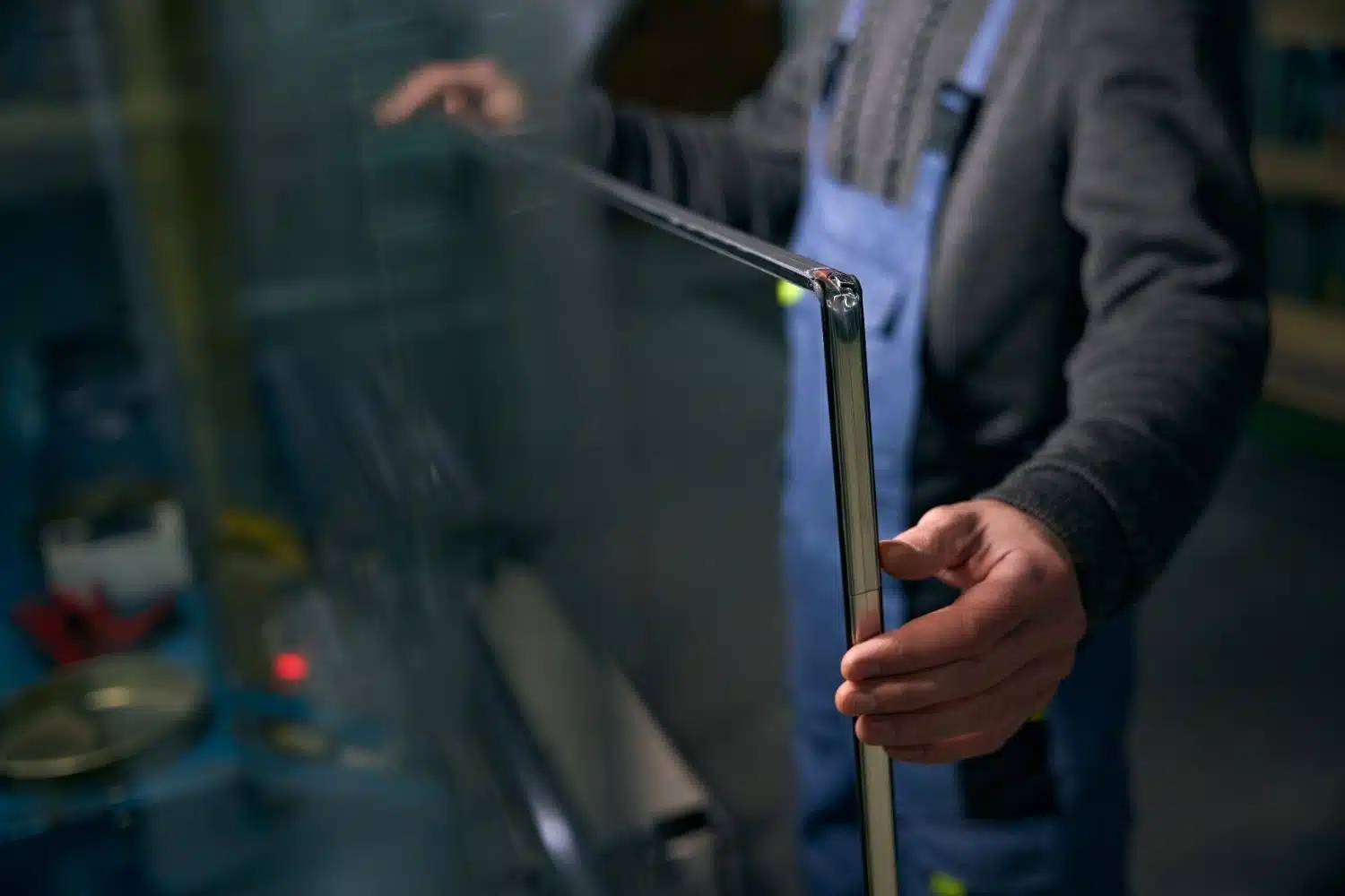 Technician replacing a damaged glass panel